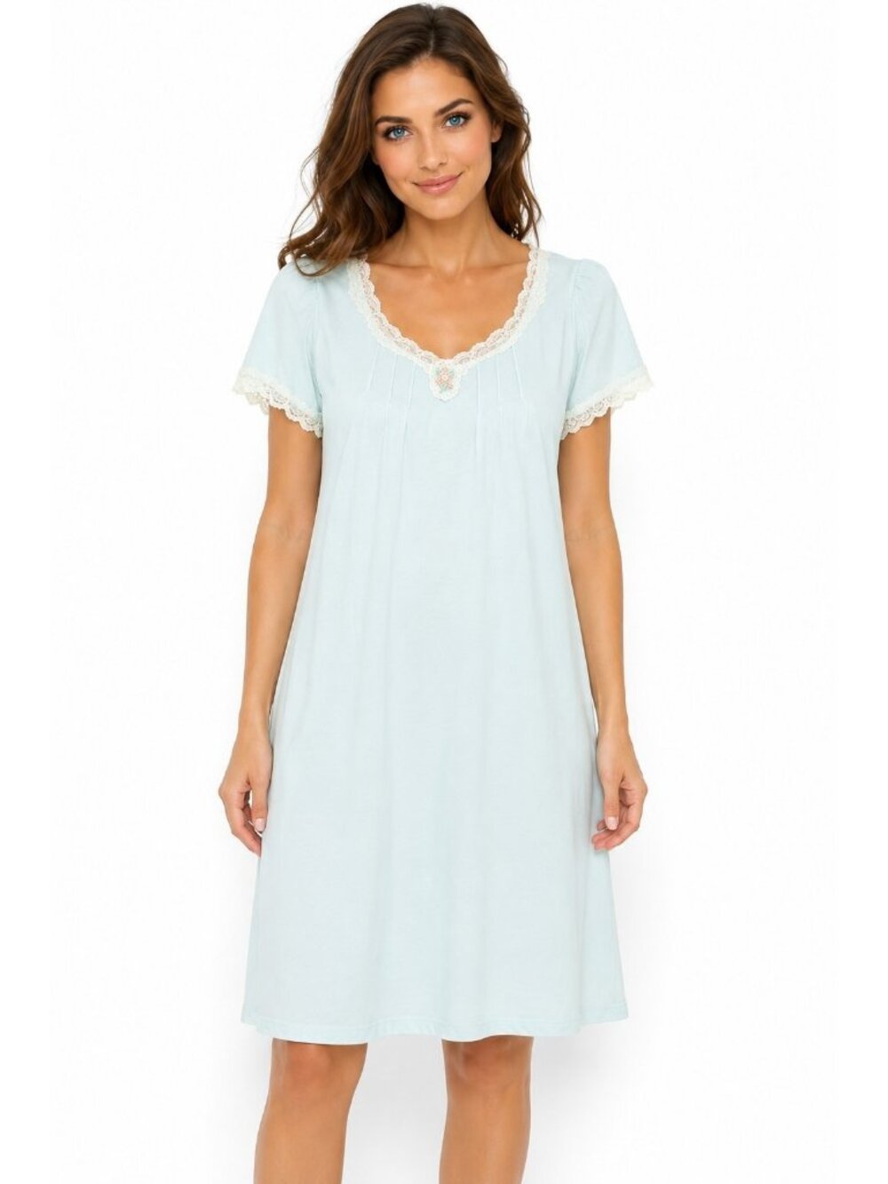 Vintage Shadowline Blue Lace Trim Short Sleeve Nightgown Sleep Dress Medium Kni